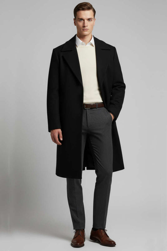 Men's Double-Breasted Long Cashmere Coat with Two Pockets, Black