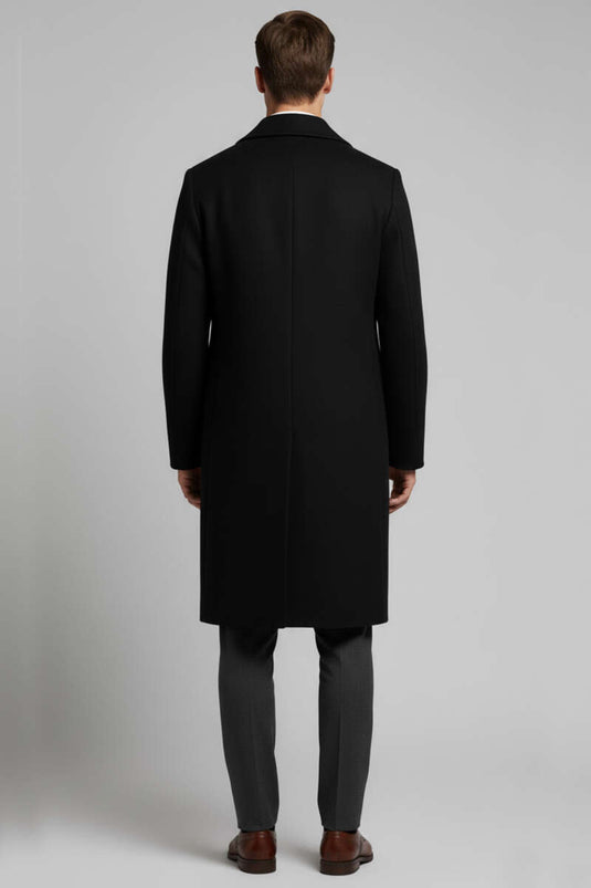Men's Double-Breasted Long Cashmere Coat with Two Pockets, Black