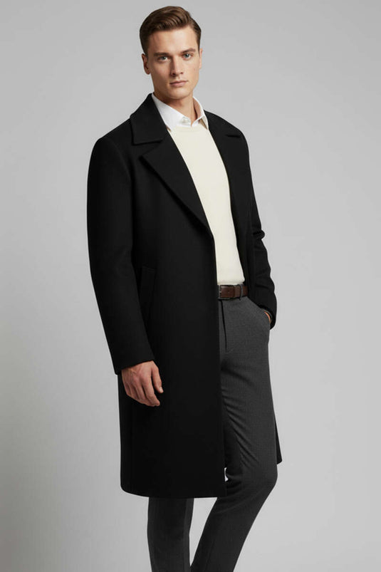 Men's Double-Breasted Long Cashmere Coat with Two Pockets, Black
