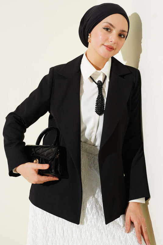 Kruvaze Çizgi Astarlı Blazer Ceket Siyah