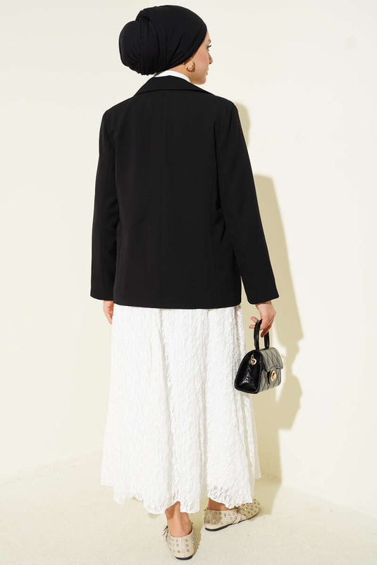 Kruvaze Çizgi Astarlı Blazer Ceket Siyah