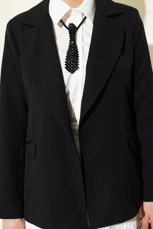 Kruvaze Çizgi Astarlı Blazer Ceket Siyah