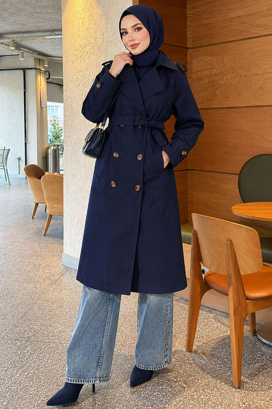 Langer Knopf-Trenchcoat Mit Umschlag Navy