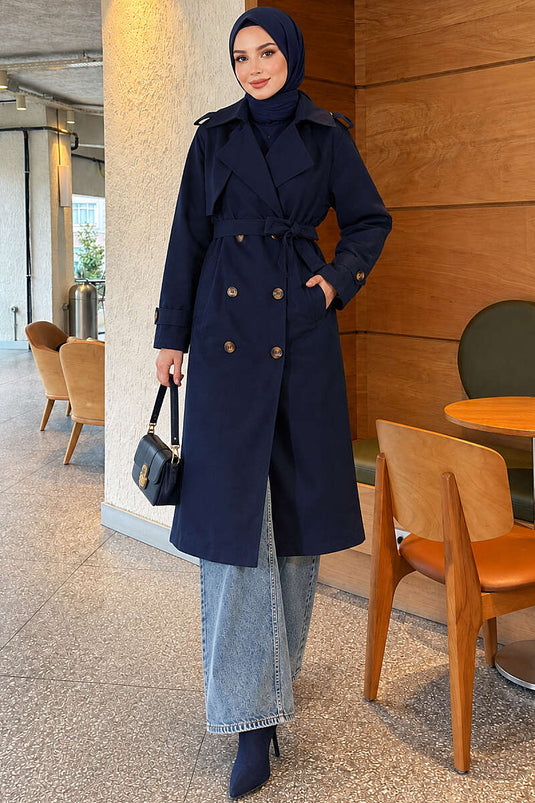 Langer Knopf-Trenchcoat Mit Umschlag Navy