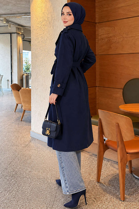 Langer Knopf-Trenchcoat Mit Umschlag Navy