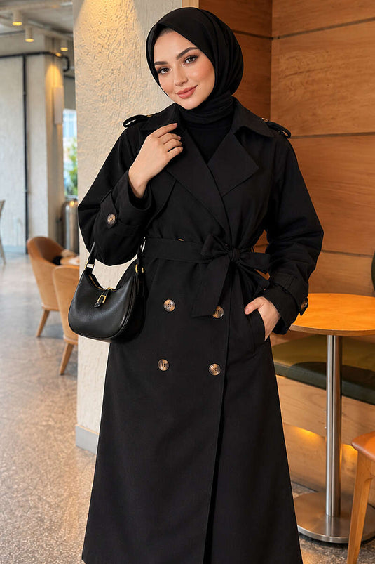Cappotto Lungo Nero Con Bottoni E Incrocio