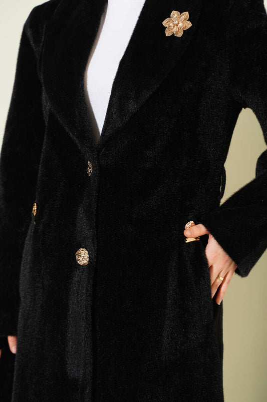 Kruvaze Gold Düğmeli Kaşe Kaban Siyah