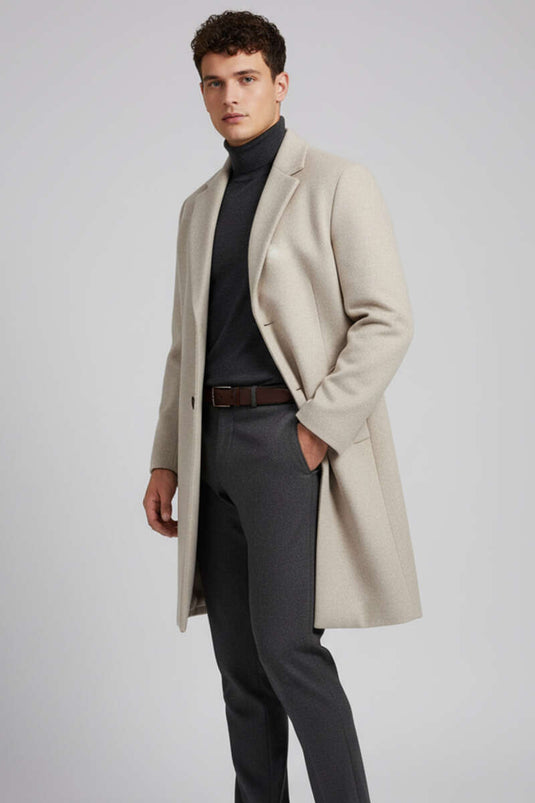 Kruvaze İki Düğmeli Erkek Kaşe Kaban Bej