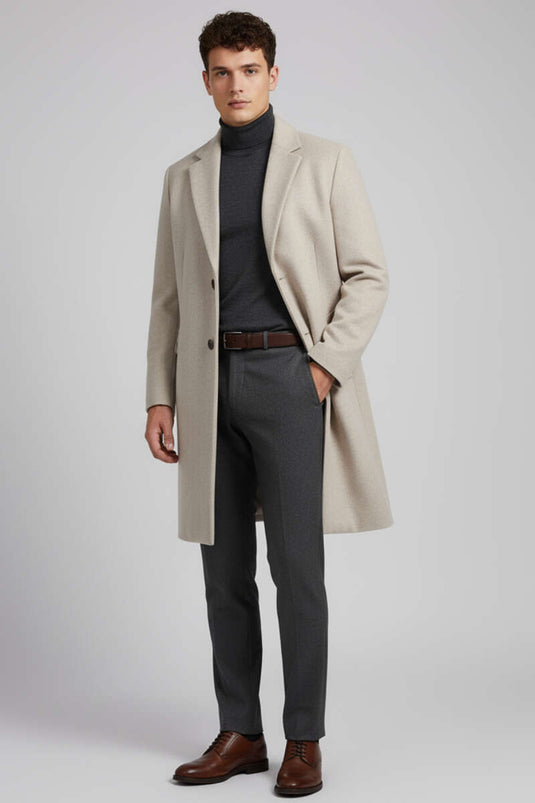 Kruvaze İki Düğmeli Erkek Kaşe Kaban Bej