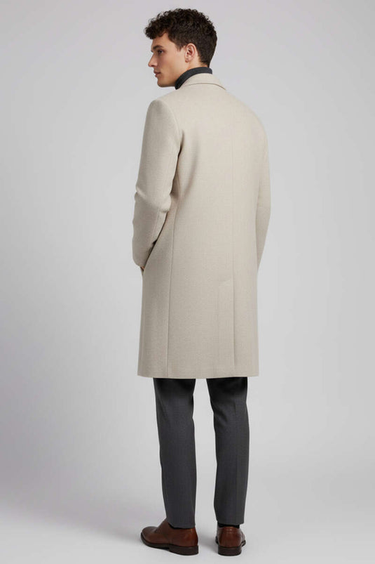 Kruvaze İki Düğmeli Erkek Kaşe Kaban Bej