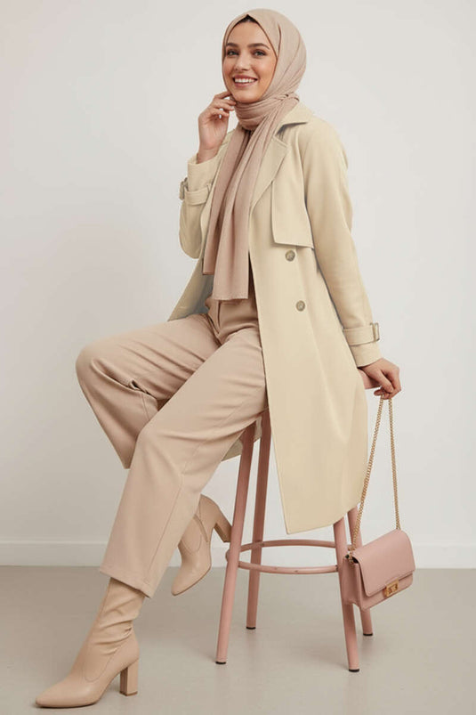 Double-Breasted Cape Belted Trench Coat Beige