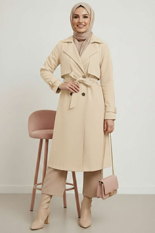 Double-Breasted Cape Belted Trench Coat Beige
