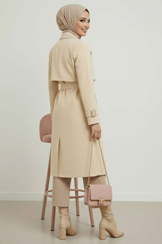 Double-Breasted Cape Belted Trench Coat Beige