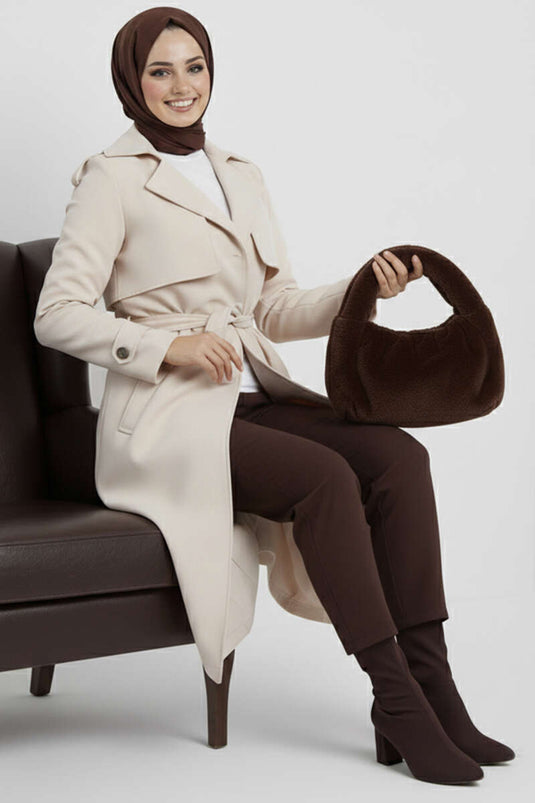 Double-Breasted Cape Belted Trench Coat in Ecru