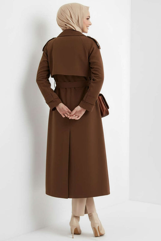 Double-Breasted Cape Belted Trench Coat Brown