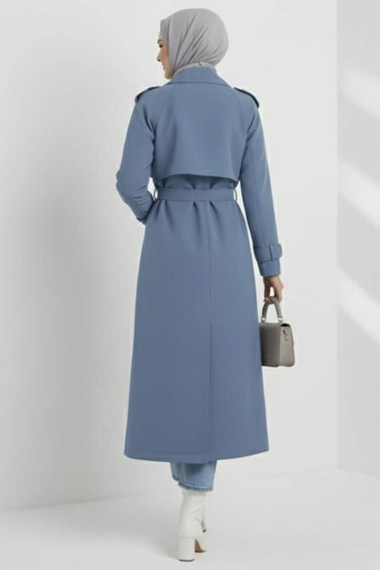 معطف ترنش أزرق مزدوج الصدر مزود بحزام