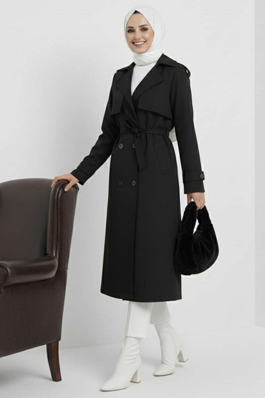 Double-Breasted Cape Belted Trench Coat Black