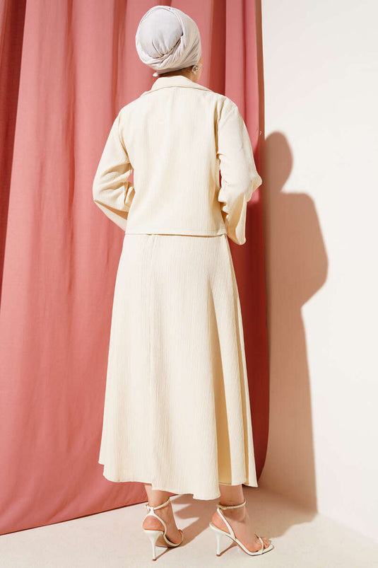 Double Breasted Tree Bark Skirt Suit Beige