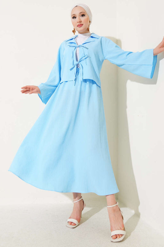 Kruvaze Yaka Ağaç Kabuğu Etekli Takım Buz Mavisi