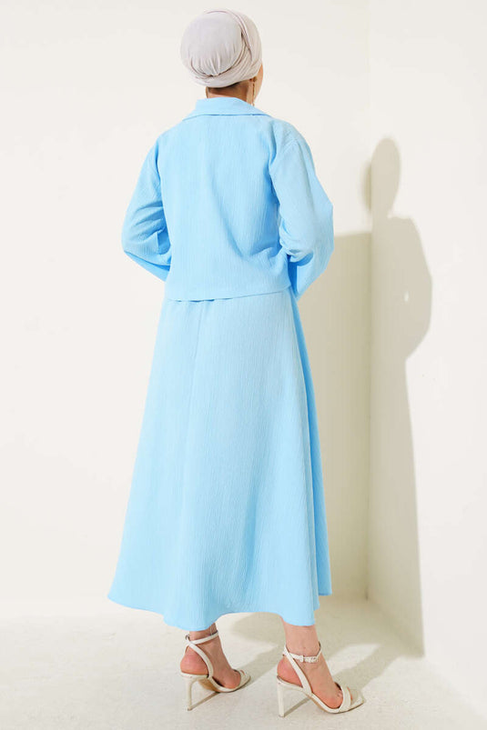 Kruvaze Yaka Ağaç Kabuğu Etekli Takım Buz Mavisi