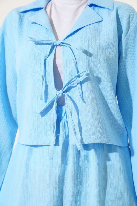 Kruvaze Yaka Ağaç Kabuğu Etekli Takım Buz Mavisi