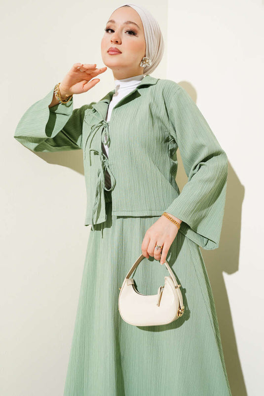 Wrap Collar Tree Bark Skirt Set in Olive Green