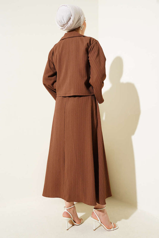 Wrap Collar Tree Bark Skirt Set Brown