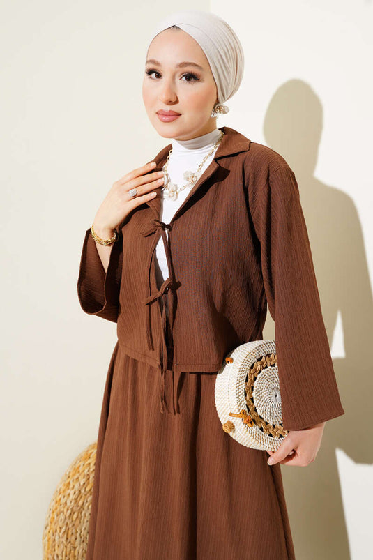 Wrap Collar Tree Bark Skirt Set Brown