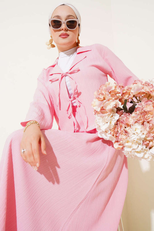 Wrap Collar Tree Bark Skirt Set Pink