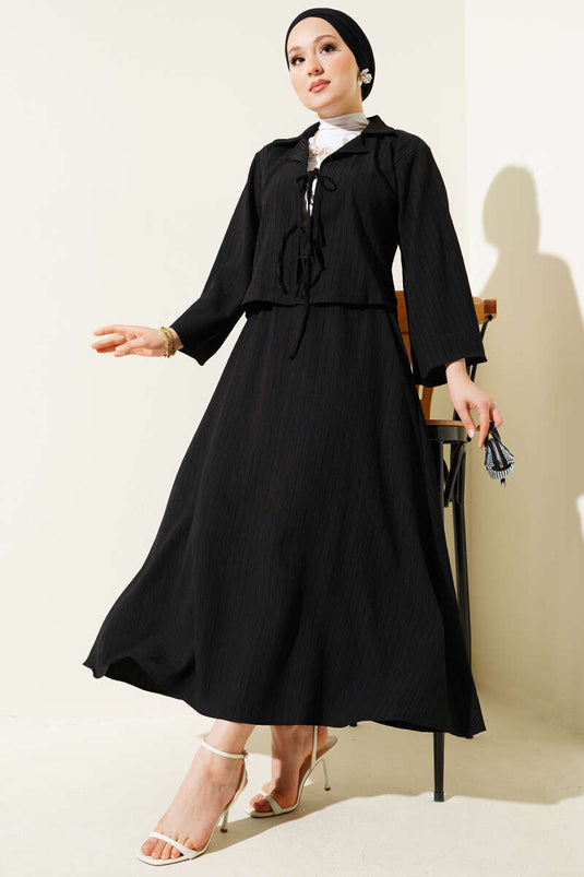 Wrap Collar Tree Bark Skirt Set Black