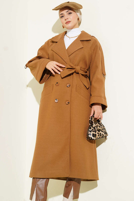 Zweireihiger Kaschmirmantel mit sechs Knöpfen, Farbe Latte