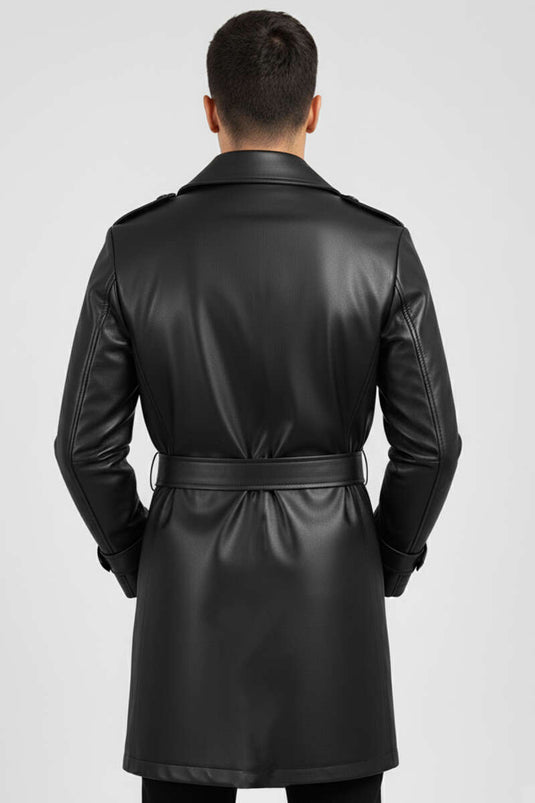Men's Mid-Length Black Trench Coat with Wrap Collar