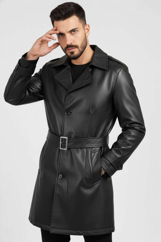 Trench-coat croisé mi-long pour homme, noir
