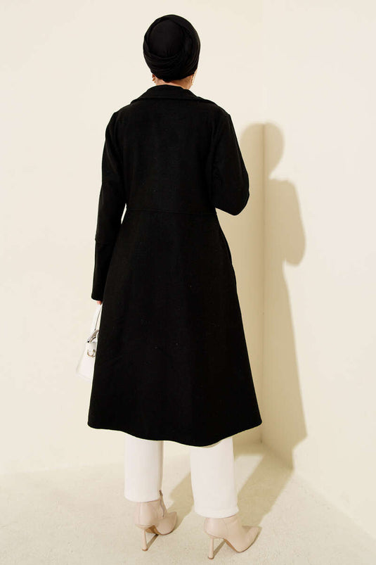 Kruvaze Yaka Asimetrik Kaşe Kaban Siyah