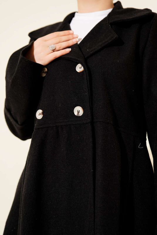 Kruvaze Yaka Asimetrik Kaşe Kaban Siyah