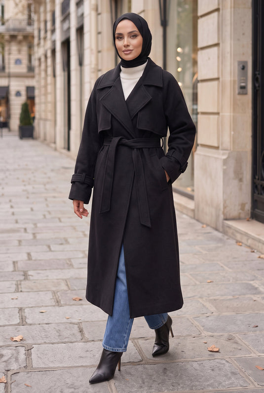 Wrap Collar Patterned Long Wool Coat Black