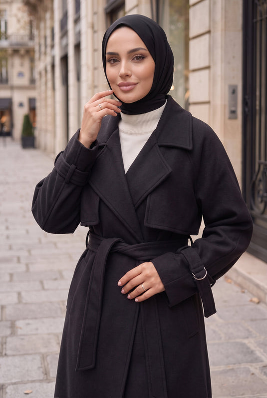 Wrap Collar Patterned Long Wool Coat Black
