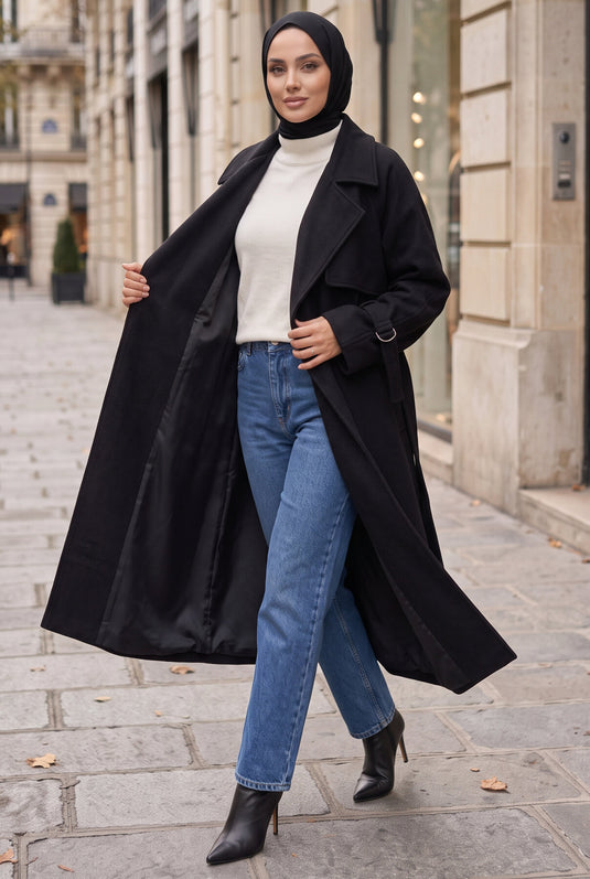 Wrap Collar Patterned Long Wool Coat Black