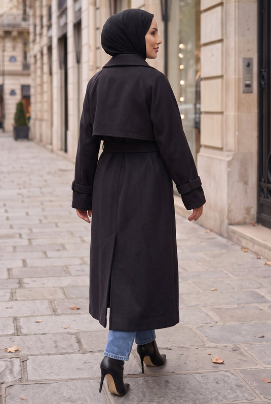 Wrap Collar Patterned Long Wool Coat Black