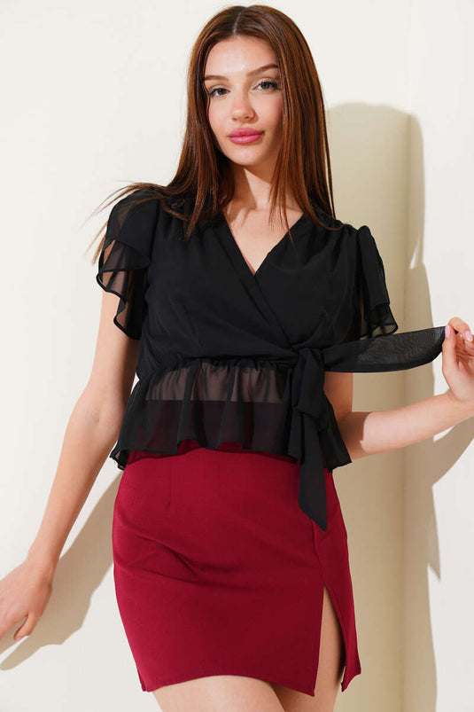 Double Breasted Tied Collar Chiffon Blouse Black