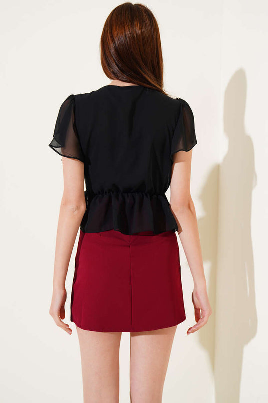 Double Breasted Tied Collar Chiffon Blouse Black