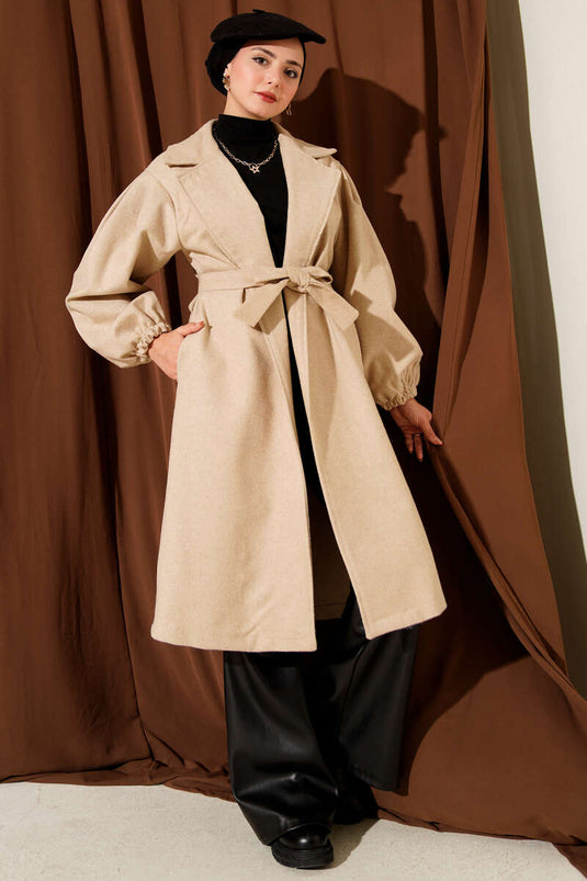Double Breasted Balloon Sleeve Belted Coat Beige