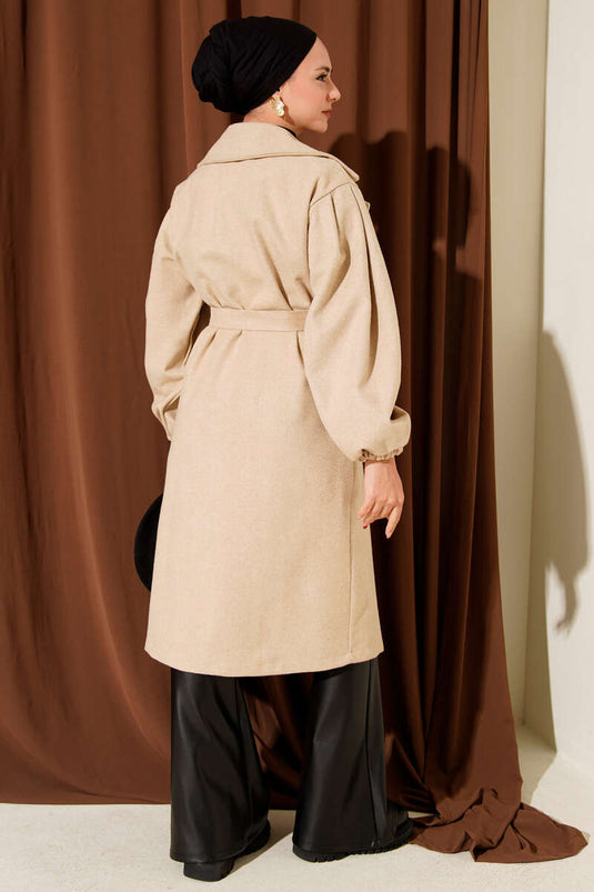 Double Breasted Balloon Sleeve Belted Coat Beige