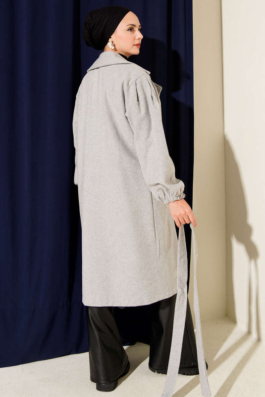 Double Breasted Collar Balloon Sleeve Belted Coat Gray