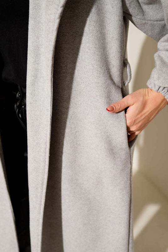 Double Breasted Collar Balloon Sleeve Belted Coat Gray