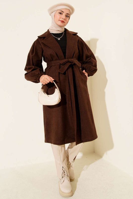 Double Breasted Balloon Sleeve Belted Coat Brown
