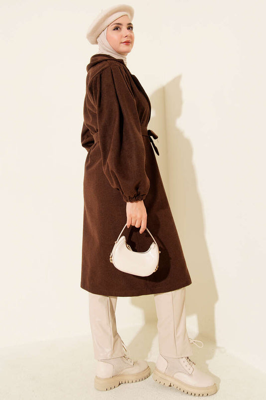 Double Breasted Balloon Sleeve Belted Coat Brown