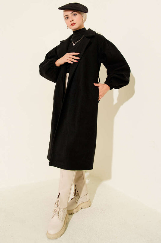 Kruvaze Yaka Balon Kol Kuşaklı Kaban Siyah