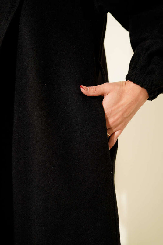Double Breasted Balloon Sleeve Belted Coat Black