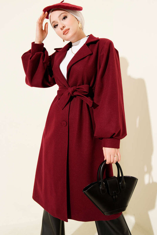 Kruvaze Yaka Balon Kol Kuşaklı Kaşe Kaban Bordo